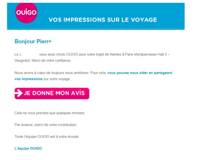 Emailing de sondage Ouigo